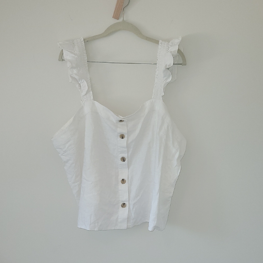 J. Crew White Ruffle Strap Button-Front Tank Top